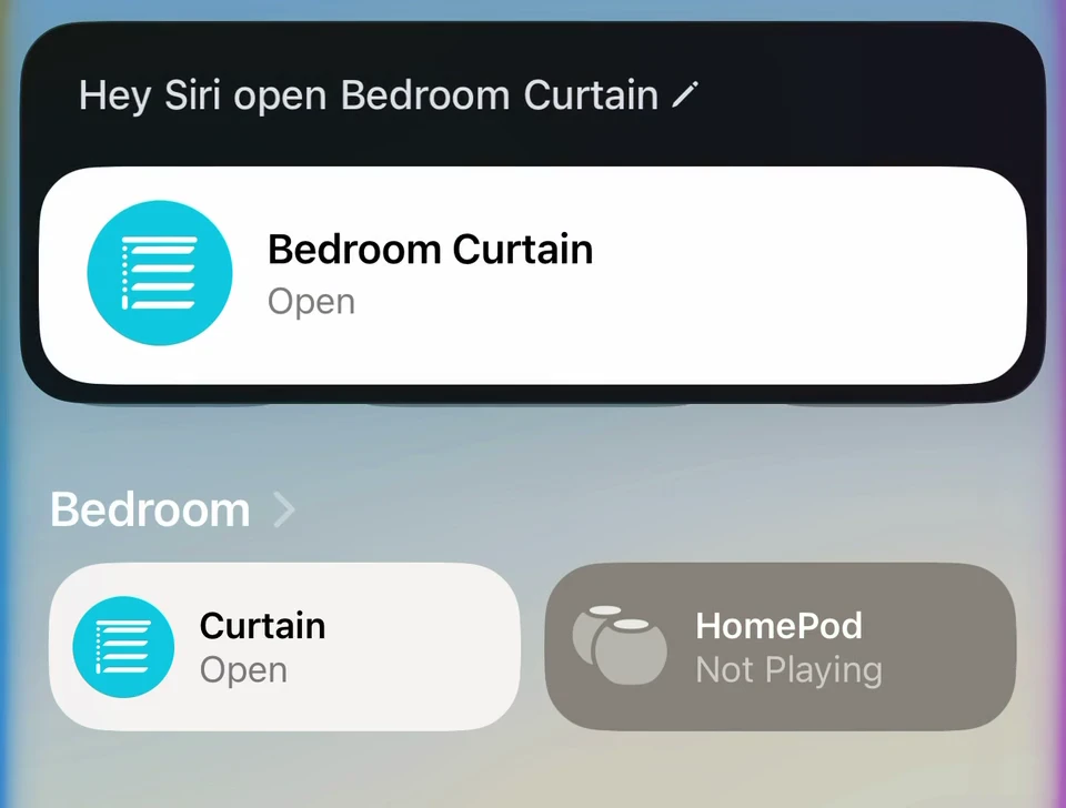 Siri responds to Hey Siri open Bedroom Curtain with Open